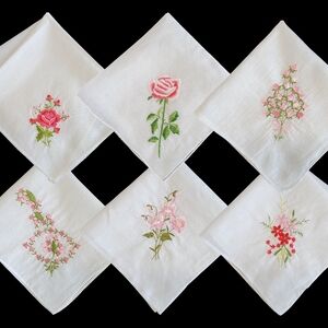 Lovely Embroidered Floral Handkerchiefs, Bundle of 6, Flower Bouquet,Baby shower